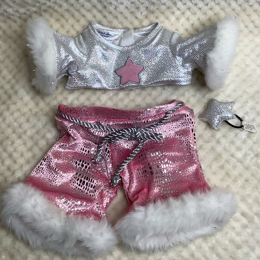 Build A Bear Workshop Glittery Rock Star 3 pce Outfit Pants Top Star Hair Bow